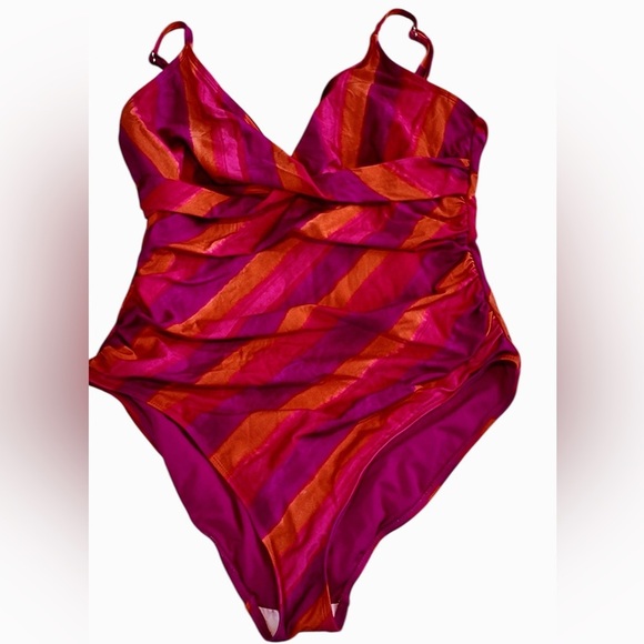 Women’s Ralph Lauren Pink Orange Purple Stripe Swimsuit - US 16 Trendy Designer - Picture 1 of 5
